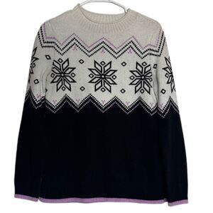 Talbots Wool Rolled Neck Sweater Womens Medium Snowflake Nordic Fair Isle Black